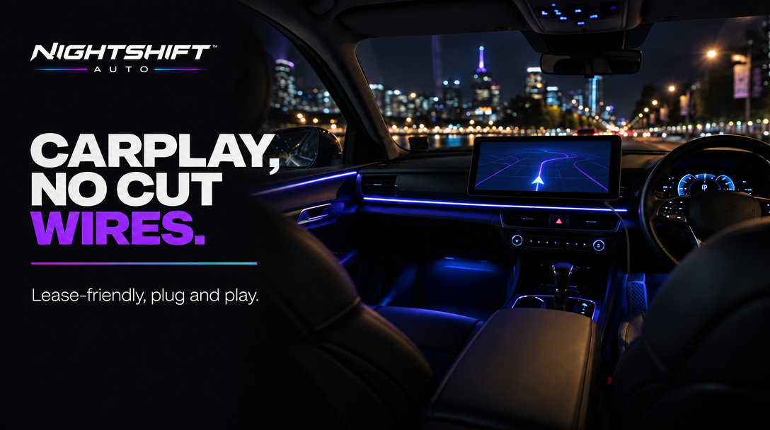 NIGHTSHIFT AUTO: CarPlay, no cut wires — a portable CarPlay screen on a dash in a blue-lit night cabin