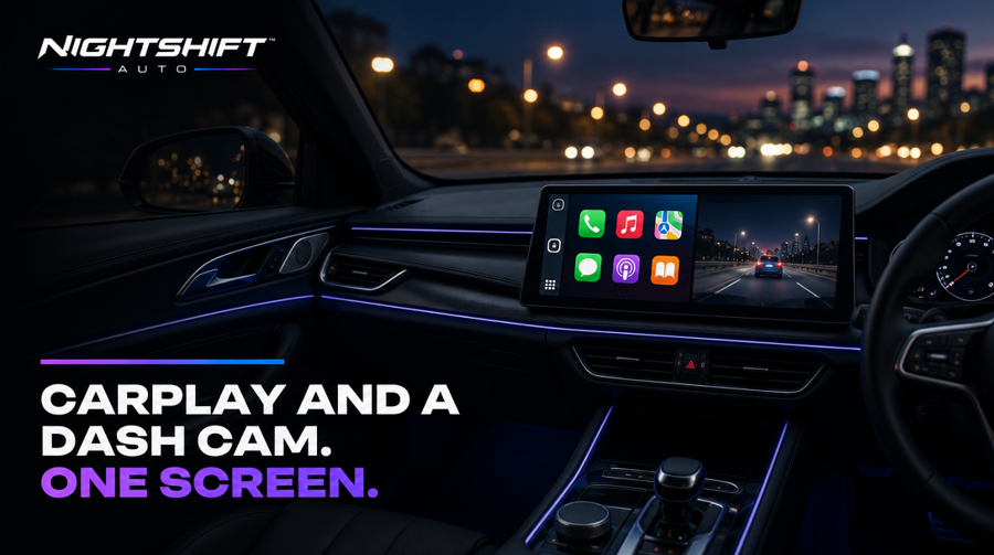 NIGHTSHIFT DRIVE touchscreen unit mounted on a car dashboard at night