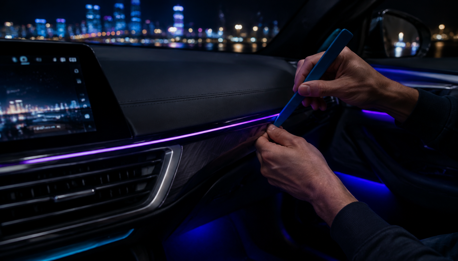Hands using a trim pry tool to tuck a glowing violet LED strip along a car dashboard at night, with city lights through the windscreen