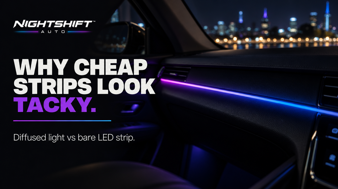 NIGHTSHIFT AUTO: Why cheap strips look tacky — diffused blue and violet lighting along a dashboard