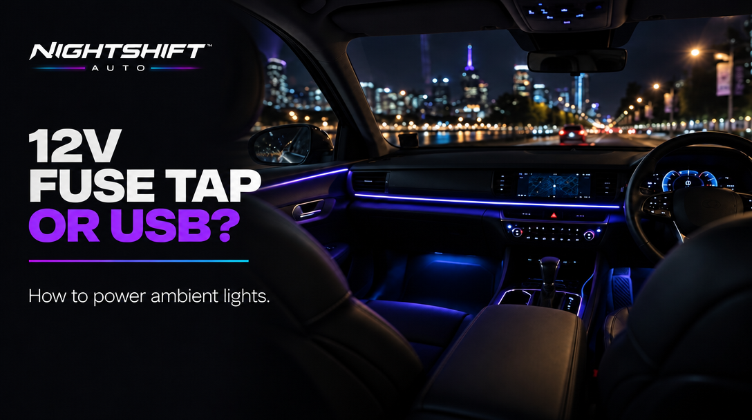 NIGHTSHIFT AUTO: 12V, fuse tap or USB? How to power ambient lights — a violet and blue lit dashboard at night