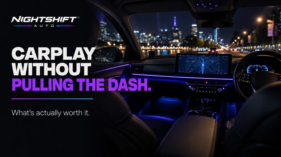 NIGHTSHIFT AUTO: CarPlay without pulling the dash — a portable screen in a blue-lit cabin at night