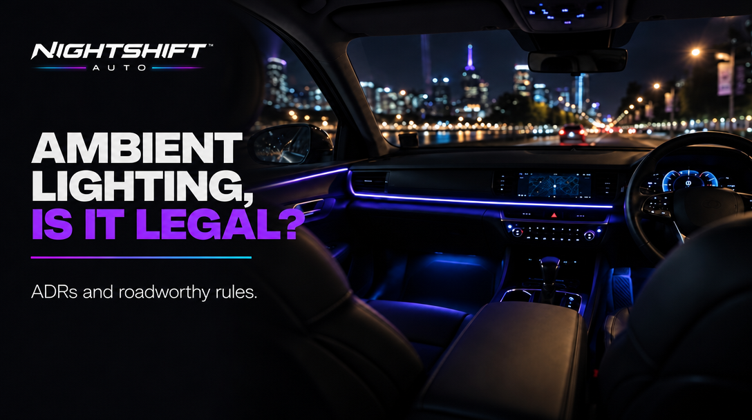 NIGHTSHIFT AUTO: Ambient lighting, is it legal? ADRs and roadworthy rules — a violet-lit car interior at night