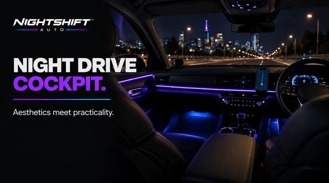 NIGHTSHIFT AUTO: Night drive cockpit — a violet and blue lit car interior on a city motorway at night
