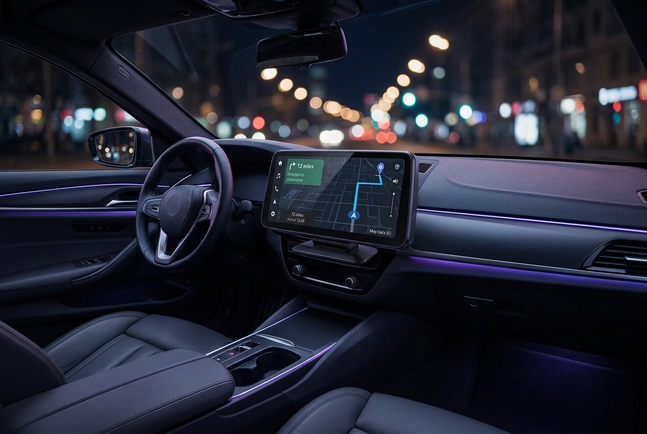 NIGHTSHIFT DRIVE unit glowing on a dashboard during a night drive