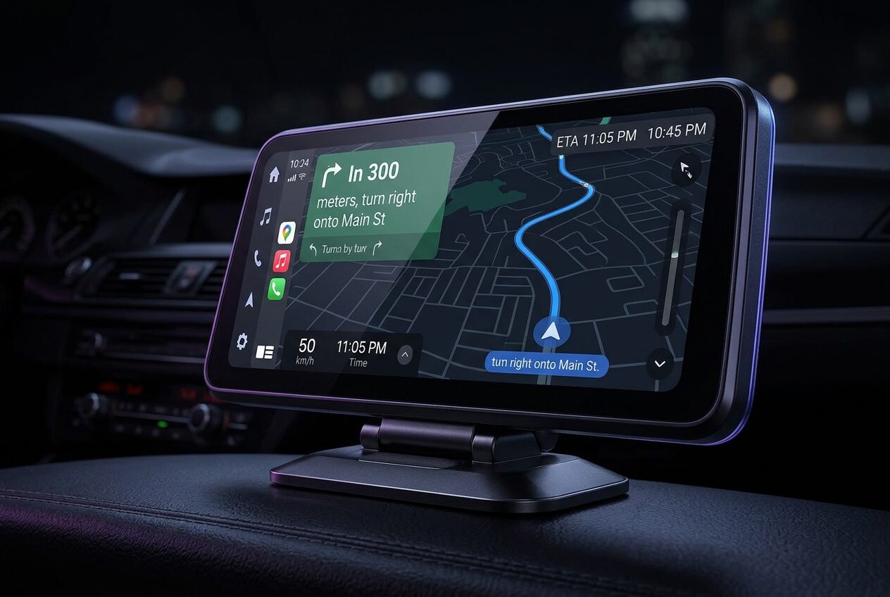 NIGHTSHIFT DRIVE screen showing wireless CarPlay maps and music
